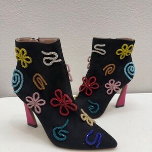 New Betsy Johnson Boots Size 9.5 Steve Sylvia Ankle Colorful Black Faux Suede